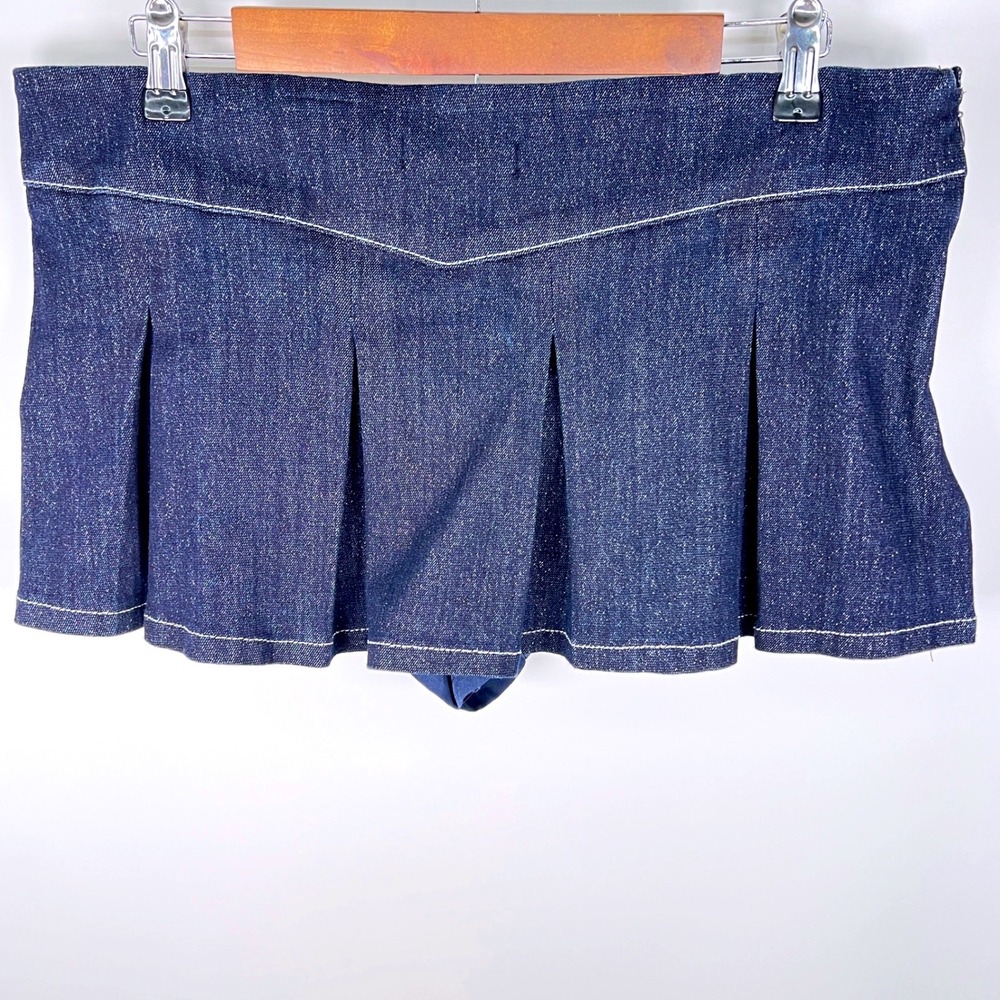 Almost Famous Dark Wash Denim Pleated Micro Mini Skirt XL Y2K Built in Shorts